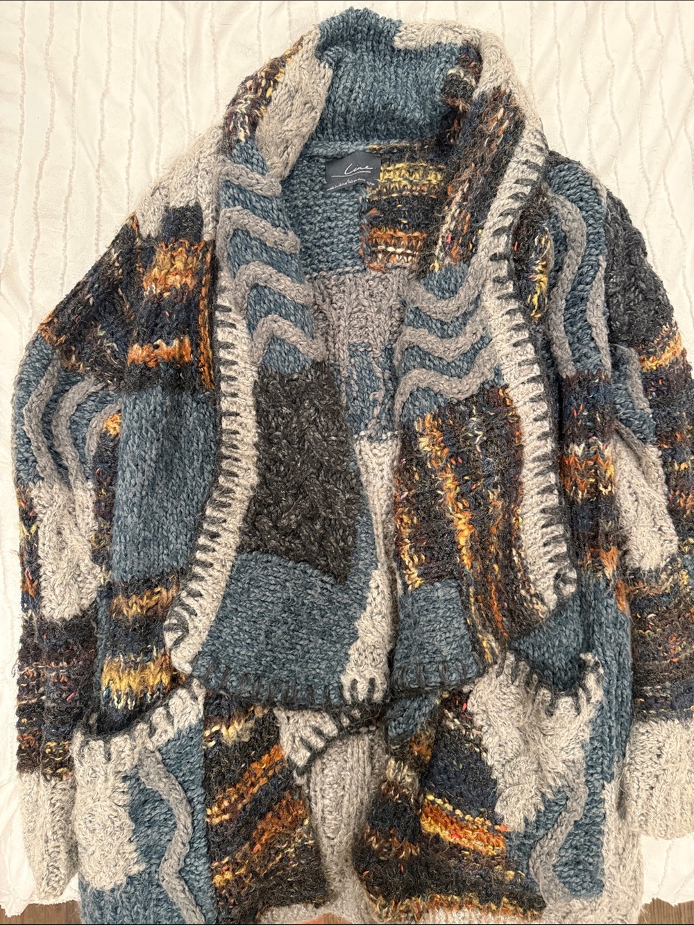 Cozy Textured Patchwork Cardigan Sweater in Blue Gray